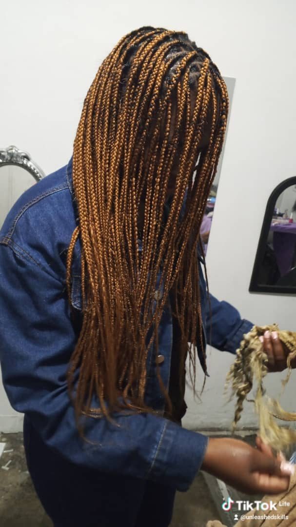 Auburn ombre braids with curled ends, back view