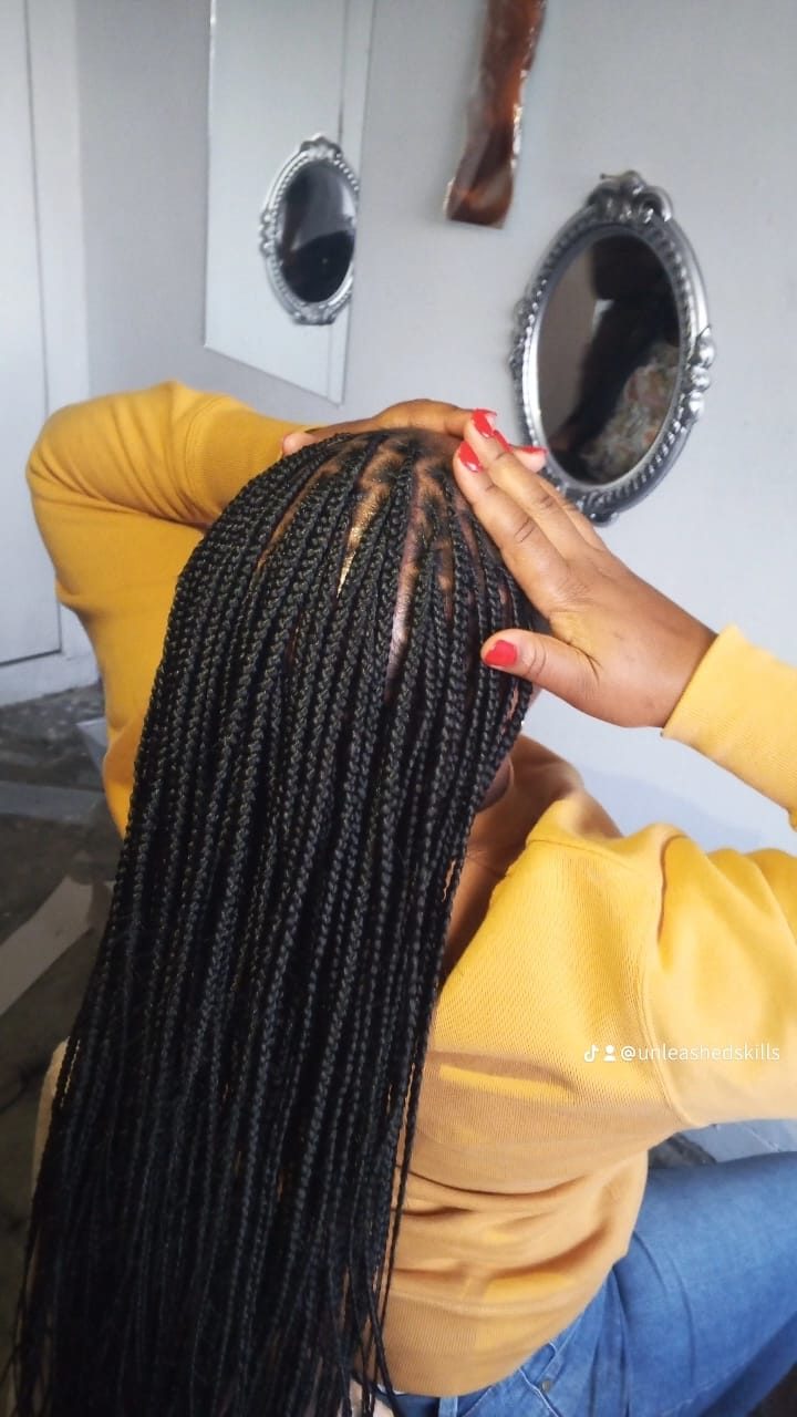 Long black box braids, back view