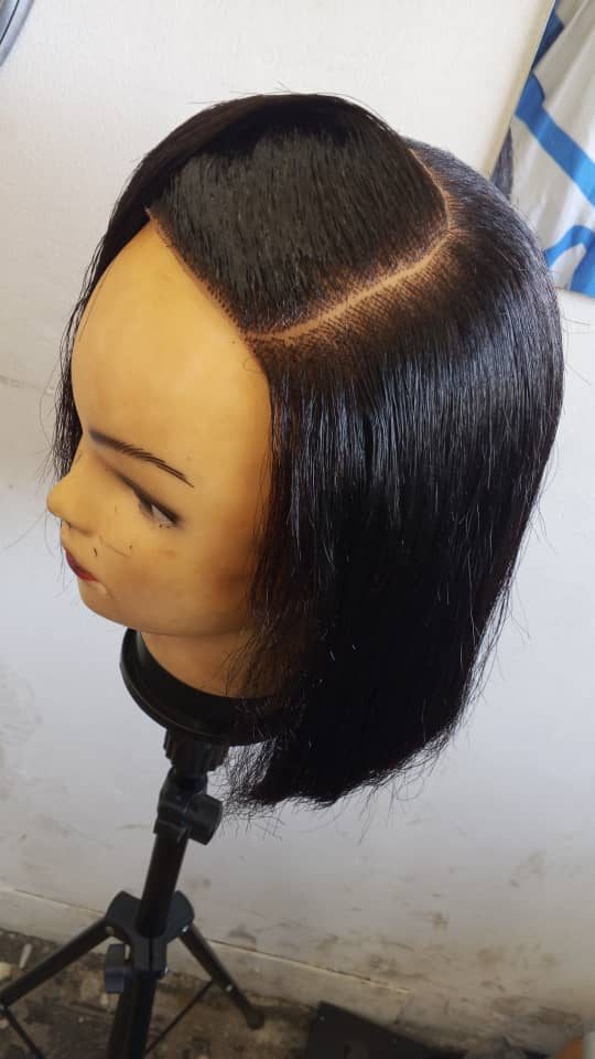 Custom bob wig unit with lace closure, side view